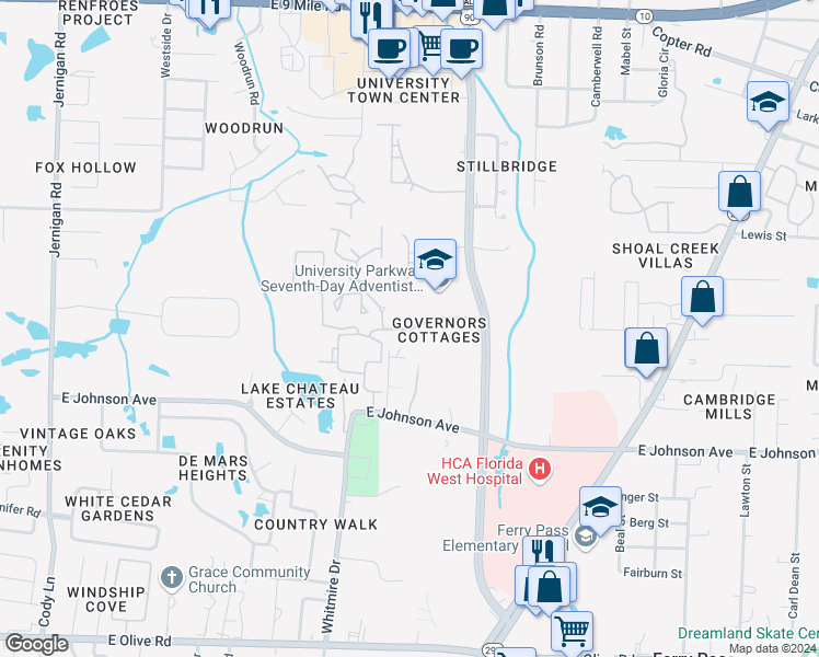map of restaurants, bars, coffee shops, grocery stores, and more near 9000 Governors Place Court in Pensacola