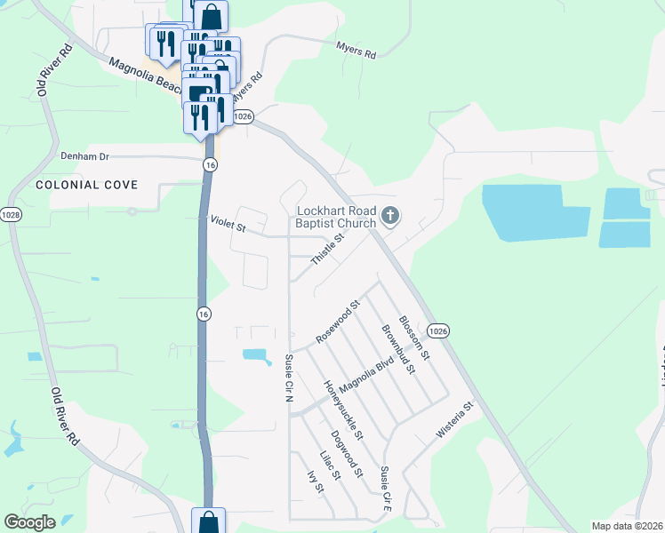 map of restaurants, bars, coffee shops, grocery stores, and more near 8286 Thistle Street in Denham Springs