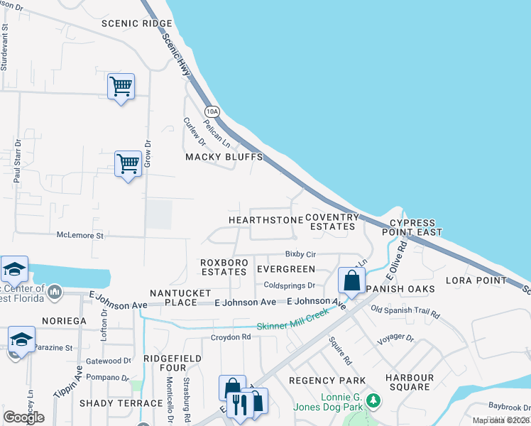 map of restaurants, bars, coffee shops, grocery stores, and more near 4320 Burtonwood Drive in Pensacola