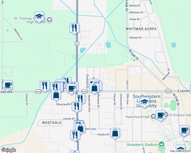 map of restaurants, bars, coffee shops, grocery stores, and more near 121 Sherry Drive in Hammond