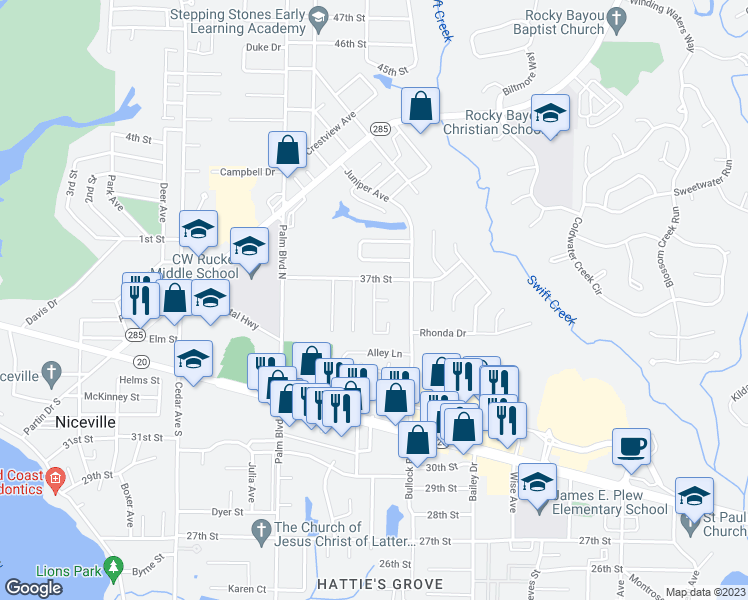 map of restaurants, bars, coffee shops, grocery stores, and more near Lincolnshire Drive in Niceville