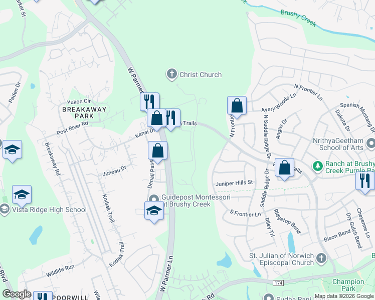 map of restaurants, bars, coffee shops, grocery stores, and more near 3440 Ranch Trails in Cedar Park