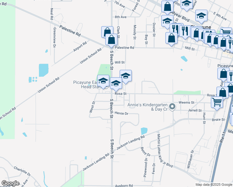 map of restaurants, bars, coffee shops, grocery stores, and more near 1500 Rosa Street in Picayune
