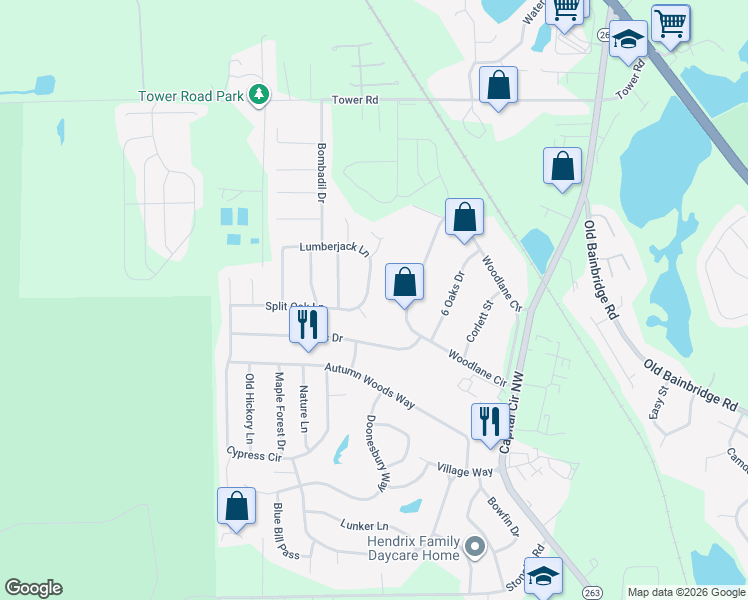 map of restaurants, bars, coffee shops, grocery stores, and more near 5602 Lumberjack Lane in Tallahassee