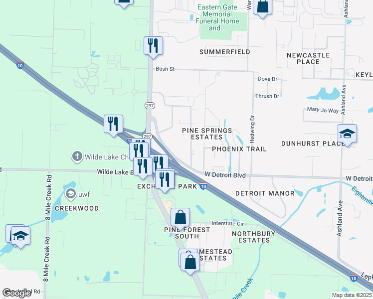 map of restaurants, bars, coffee shops, grocery stores, and more near 8500 Sharon Lane in Pensacola