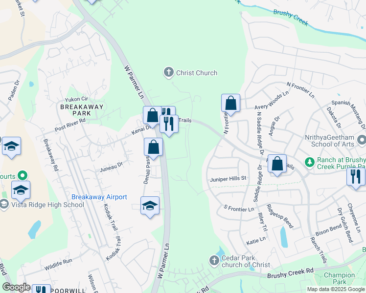map of restaurants, bars, coffee shops, grocery stores, and more near 3440 Ranch Trails in Cedar Park