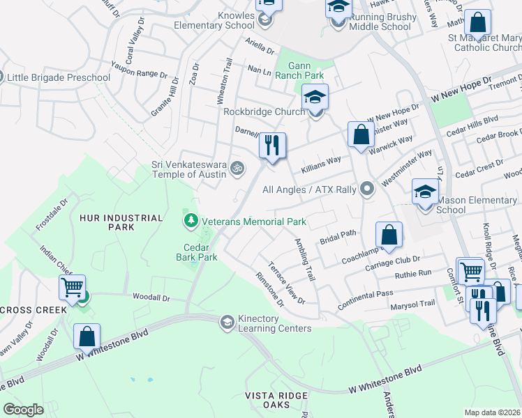 map of restaurants, bars, coffee shops, grocery stores, and more near 2524 West New Hope Drive in Cedar Park