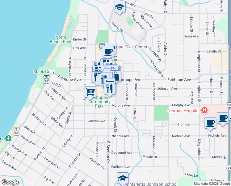 map of restaurants, bars, coffee shops, grocery stores, and more near 6b South Bancroft Street in Fairhope