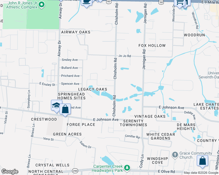 map of restaurants, bars, coffee shops, grocery stores, and more near 982 Legacy Oaks Drive in Pensacola