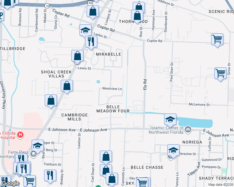map of restaurants, bars, coffee shops, grocery stores, and more near 8585 Belle Meadow Boulevard in Pensacola
