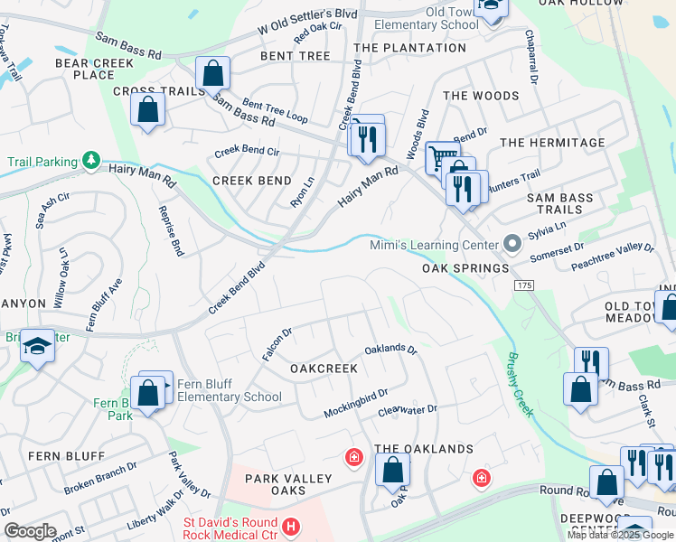 map of restaurants, bars, coffee shops, grocery stores, and more near 2211 Hairy Man Road in Round Rock
