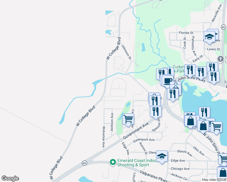 map of restaurants, bars, coffee shops, grocery stores, and more near 315 Kelly Road in Niceville