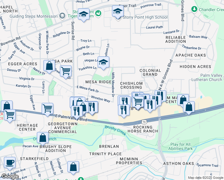 map of restaurants, bars, coffee shops, grocery stores, and more near 1401 Mills Meadow Drive in Round Rock