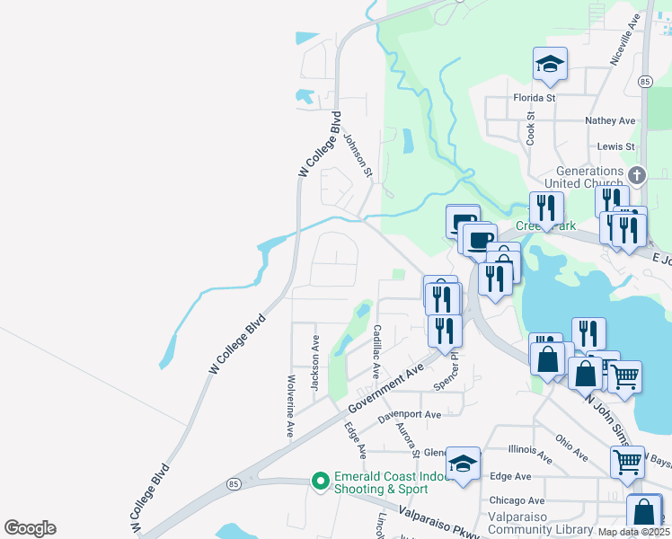 map of restaurants, bars, coffee shops, grocery stores, and more near 315 Kelly Road in Niceville