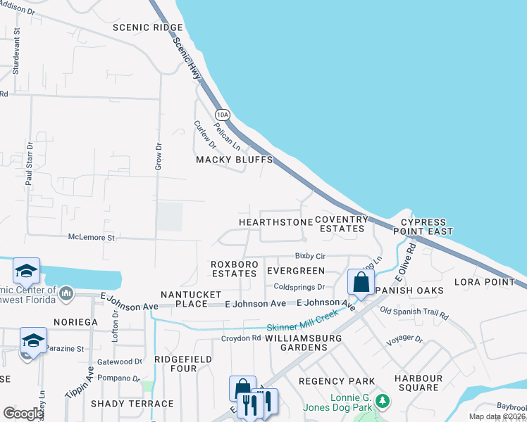 map of restaurants, bars, coffee shops, grocery stores, and more near 4227 Burtonwood Drive in Pensacola