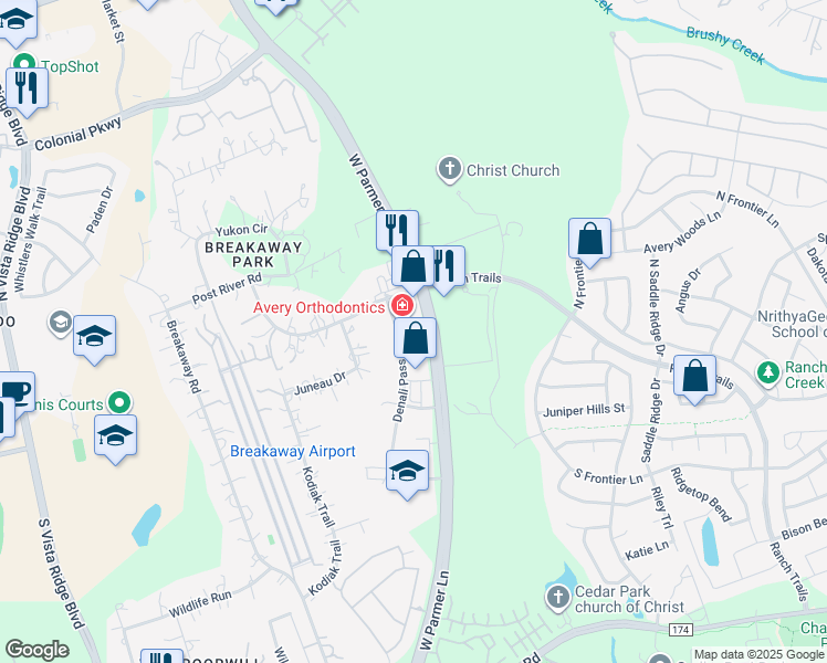 map of restaurants, bars, coffee shops, grocery stores, and more near 12101 West Parmer Lane in Cedar Park