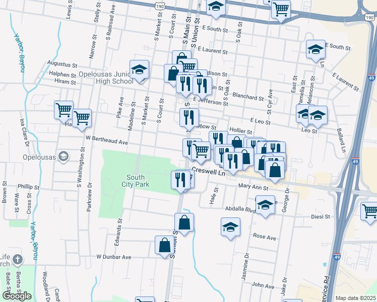 map of restaurants, bars, coffee shops, grocery stores, and more near 1220 S Union St in Opelousas