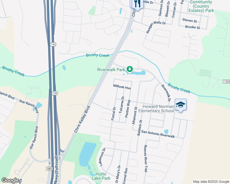 map of restaurants, bars, coffee shops, grocery stores, and more near 109 Fistral Drive in Hutto