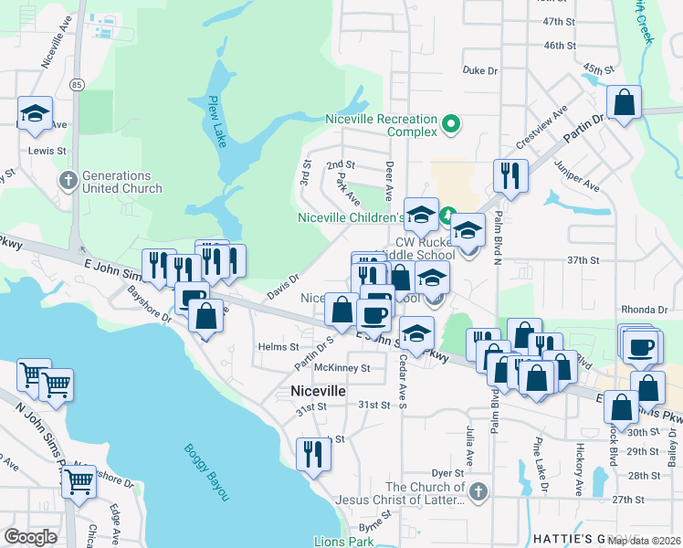 map of restaurants, bars, coffee shops, grocery stores, and more near 704 Cypress Drive in Niceville