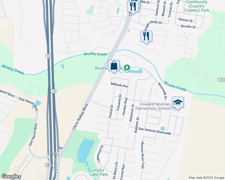 map of restaurants, bars, coffee shops, grocery stores, and more near 103 Towan Way in Hutto