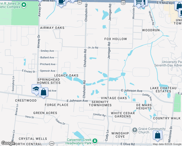 map of restaurants, bars, coffee shops, grocery stores, and more near 8620 Chisholm Road in Pensacola