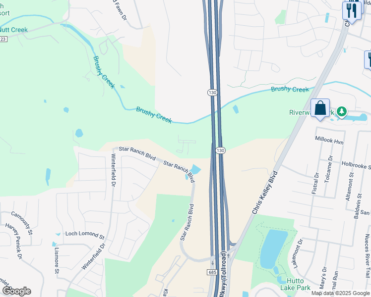 map of restaurants, bars, coffee shops, grocery stores, and more near Elm Park Street in Hutto