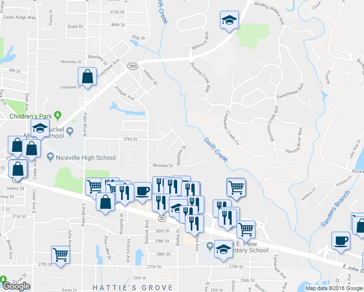 map of restaurants, bars, coffee shops, grocery stores, and more near 548 Woodlow Road in Niceville