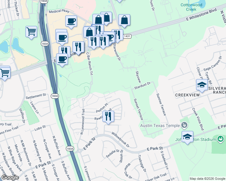 map of restaurants, bars, coffee shops, grocery stores, and more near 600 C-Bar Ranch Trail in Cedar Park
