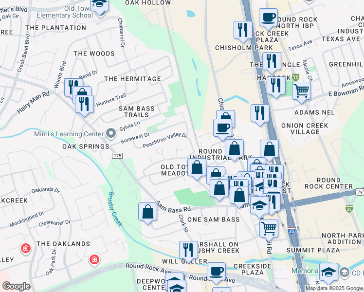 map of restaurants, bars, coffee shops, grocery stores, and more near 1508 Glenwillow Cove in Round Rock