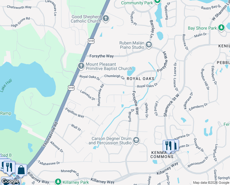 map of restaurants, bars, coffee shops, grocery stores, and more near 2615 Royal Oaks Drive in Tallahassee