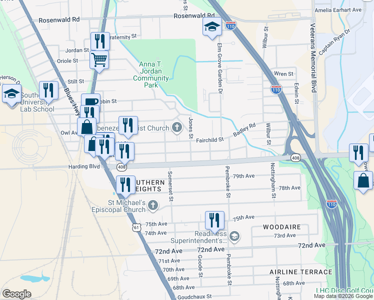 map of restaurants, bars, coffee shops, grocery stores, and more near 8128 Jones Street in Baton Rouge