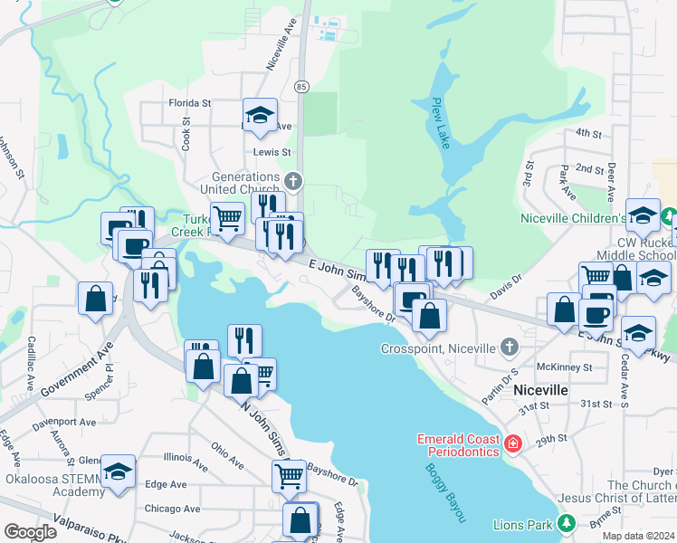 map of restaurants, bars, coffee shops, grocery stores, and more near 55 Bayshore Drive in Niceville