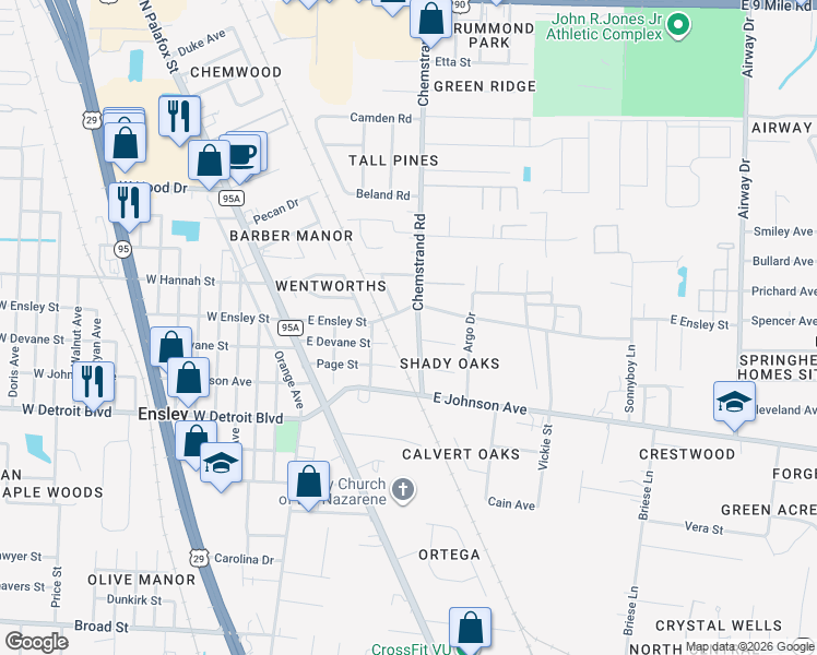 map of restaurants, bars, coffee shops, grocery stores, and more near 8620 Chemstrand Road in Pensacola