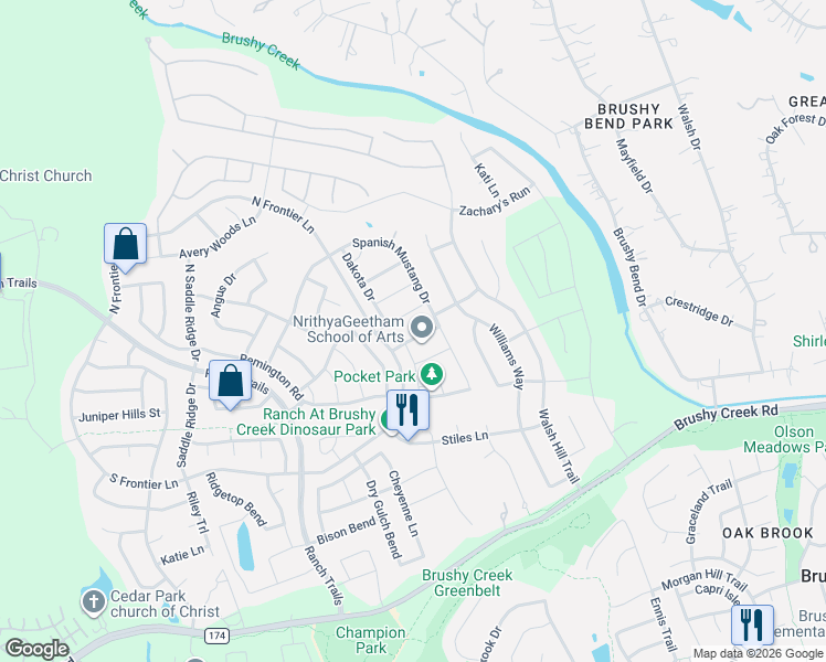map of restaurants, bars, coffee shops, grocery stores, and more near 4217 Buckskin in Cedar Park