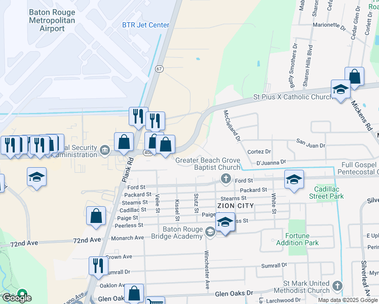 map of restaurants, bars, coffee shops, grocery stores, and more near 4888 Hooper Road in Baton Rouge