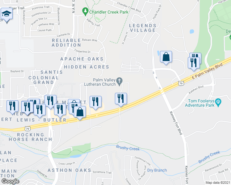 map of restaurants, bars, coffee shops, grocery stores, and more near 2500 East Palm Valley Boulevard in Round Rock