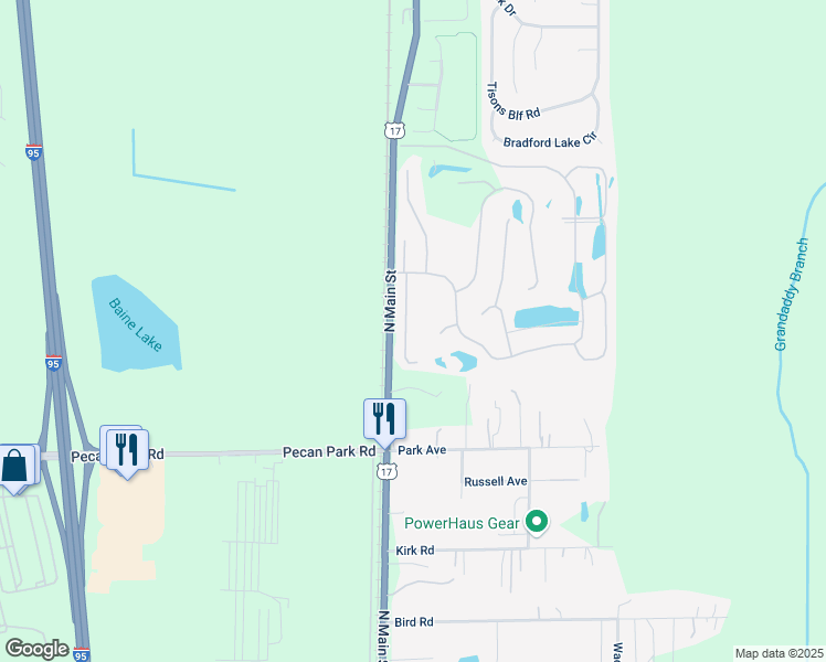 map of restaurants, bars, coffee shops, grocery stores, and more near 15629 Moss Hollow Drive in Jacksonville