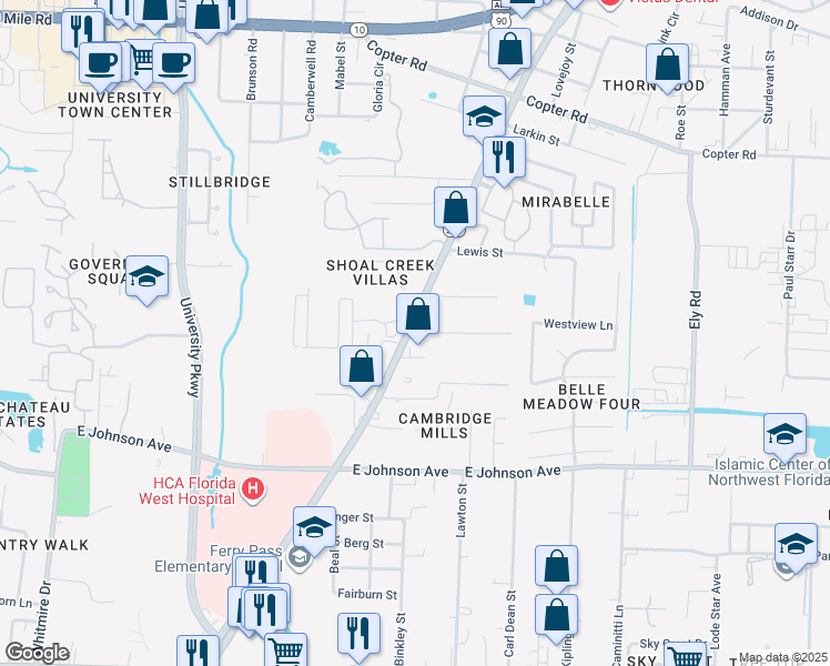 map of restaurants, bars, coffee shops, grocery stores, and more near 8700 North Davis Highway in Pensacola