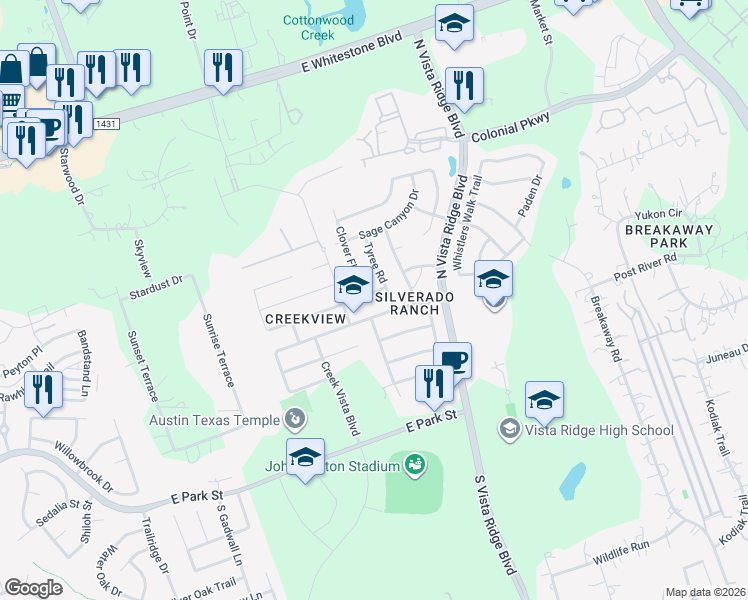 map of restaurants, bars, coffee shops, grocery stores, and more near 500 Clover Flat Road in Cedar Park