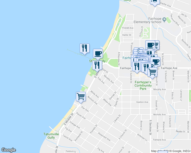 map of restaurants, bars, coffee shops, grocery stores, and more near 26 South Mobile Street in Fairhope