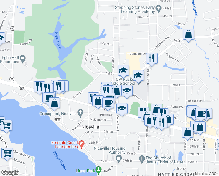 map of restaurants, bars, coffee shops, grocery stores, and more near 716 Powell Drive in Niceville