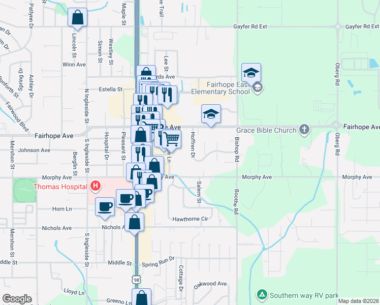map of restaurants, bars, coffee shops, grocery stores, and more near 20 Hoffren Drive in Fairhope