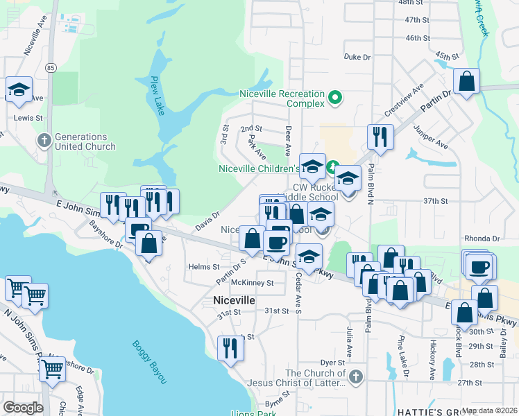 map of restaurants, bars, coffee shops, grocery stores, and more near 704 Cypress Dr in Niceville