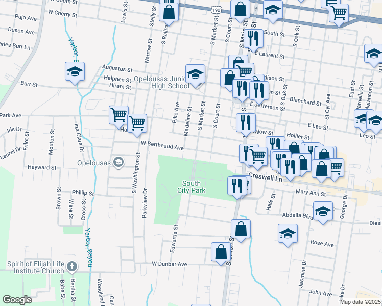 map of restaurants, bars, coffee shops, grocery stores, and more near 201-299 W Bertheaud Ave in Opelousas