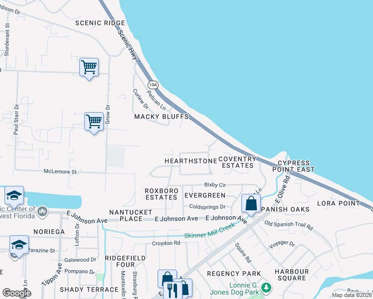 map of restaurants, bars, coffee shops, grocery stores, and more near 4320 Burtonwood Dr in Pensacola