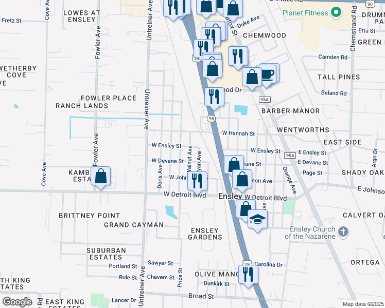 map of restaurants, bars, coffee shops, grocery stores, and more near 8610 Walnut Avenue in Pensacola