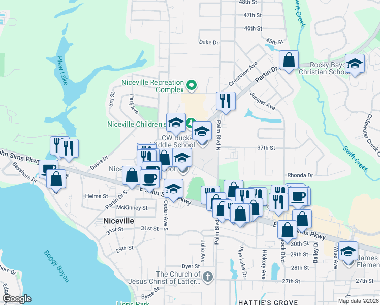 map of restaurants, bars, coffee shops, grocery stores, and more near 206 Partin Drive North in Niceville