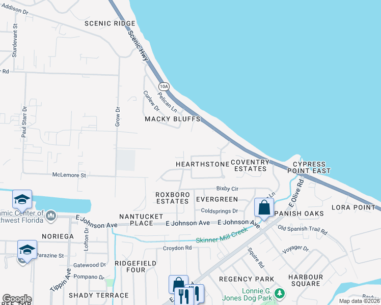 map of restaurants, bars, coffee shops, grocery stores, and more near 4312 Burtonwood Drive in Pensacola
