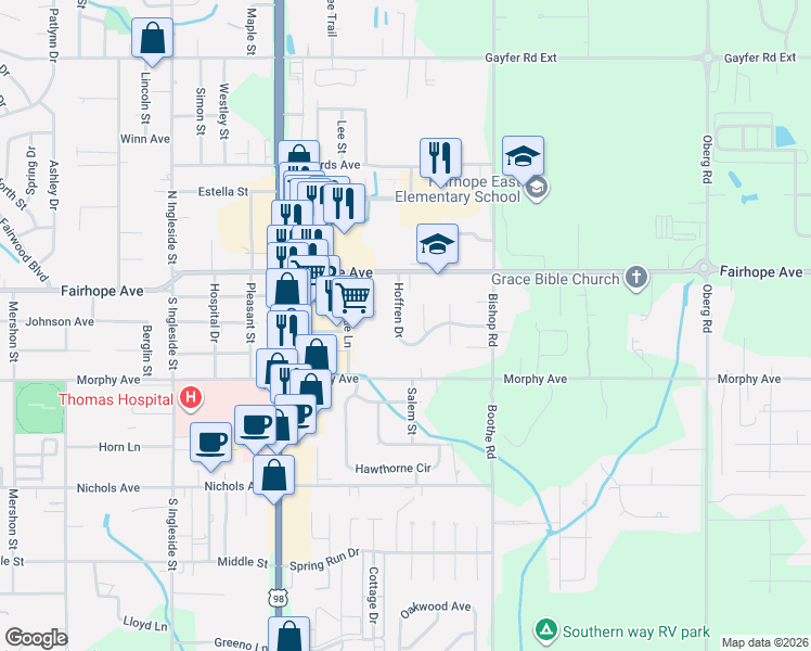 map of restaurants, bars, coffee shops, grocery stores, and more near 2-16 McCue Cir in Fairhope