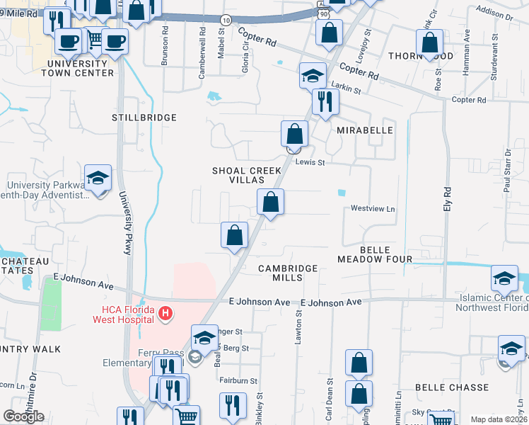 map of restaurants, bars, coffee shops, grocery stores, and more near 2301 Ladd Drive in Pensacola